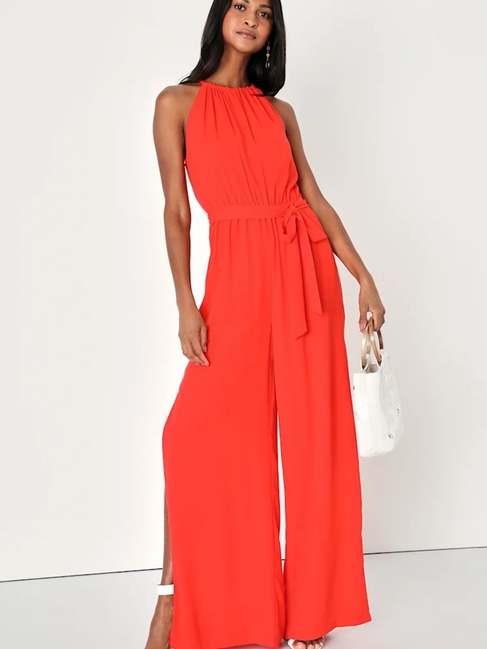 Lulu's Sleeveless Halter Wide-Leg Jumpsuit - Coral Red